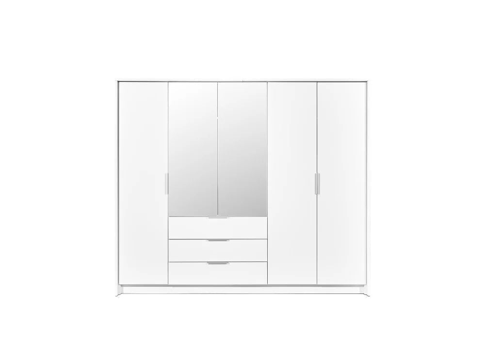 White 5 door wardrobe with central mirrored doors and 3 exterior drawers, 255cm wide.