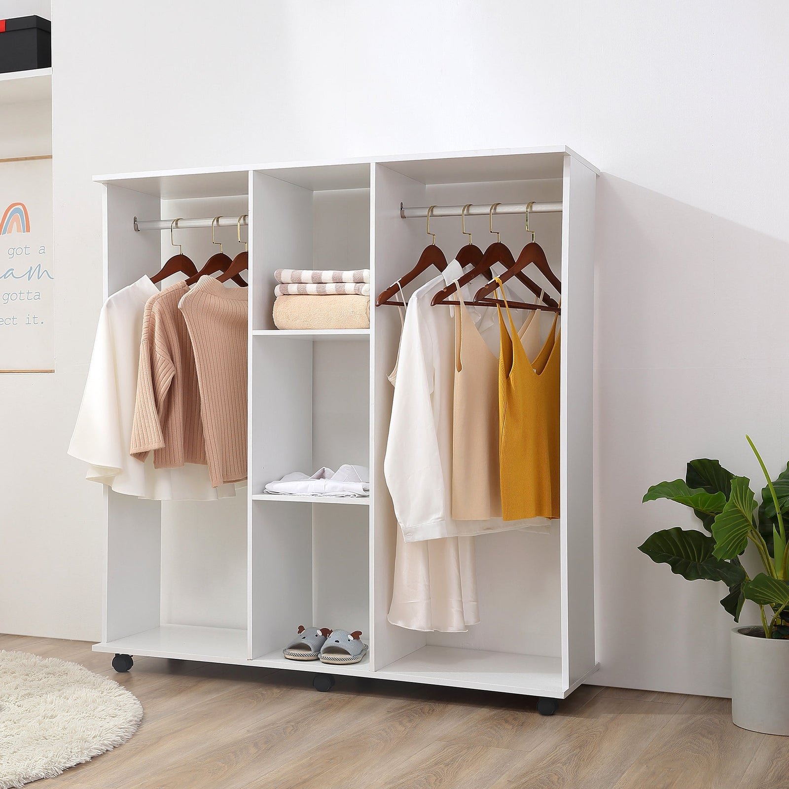 homcom open wardrobe double mobile storage shelves organizer w 6 wheels white