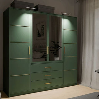Green 4 door wardrobe with mirrored centre doors and 3 drawers