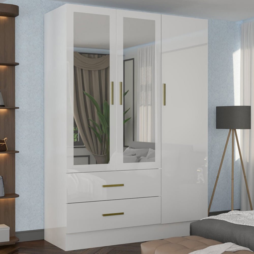 White high gloss wardrobe with mirrored doors, gold handles, and two visible drawers. 116cm width.