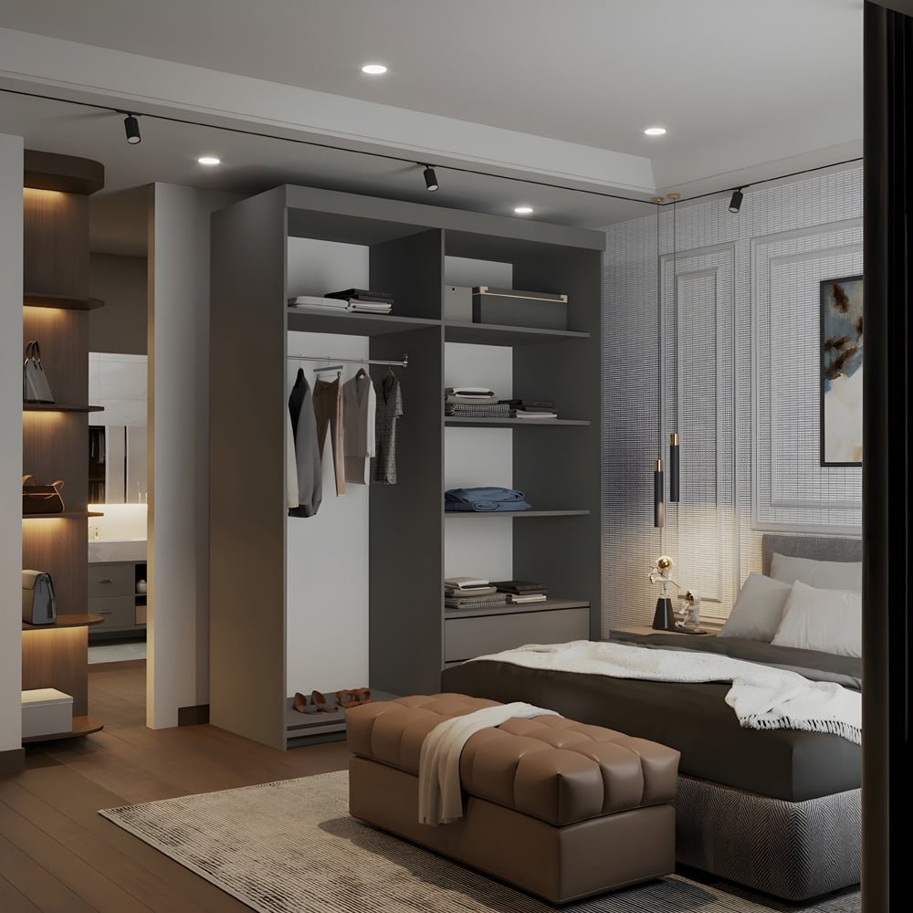 CHOICEWARDROBE Molli sliding door wardrobe in grey finish with 2 mirrored doors, showing internal storage.