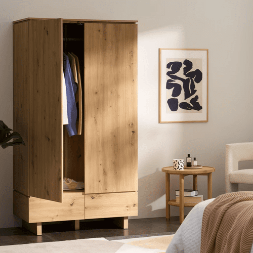 TUNA Double Wardrobe 2 Door 99cm Artisan Oak Effect Finish Two Drawers