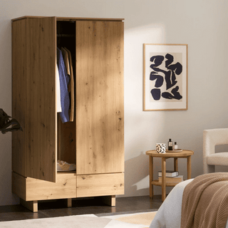 CHOICEWARDROBE TUNA Double Wardrobe 2 Door 99cm Artisan Oak Effect Finish Two Drawers