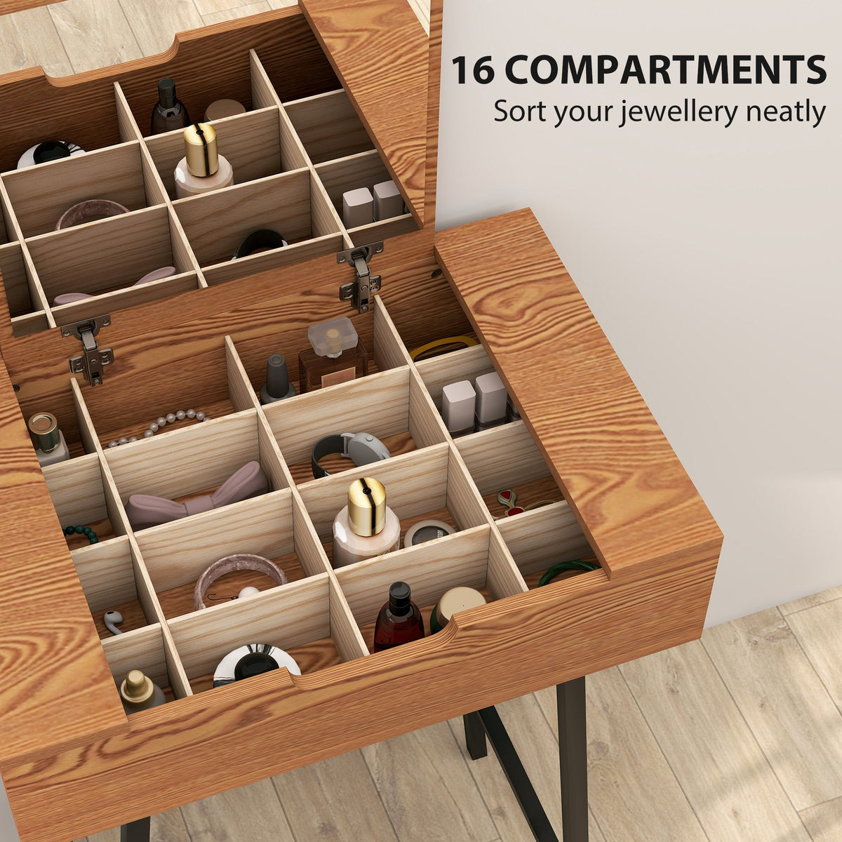 homcom vanity desk with flip up mirror industrial dressing table with 16 small compartments for bedroom natural wood effect