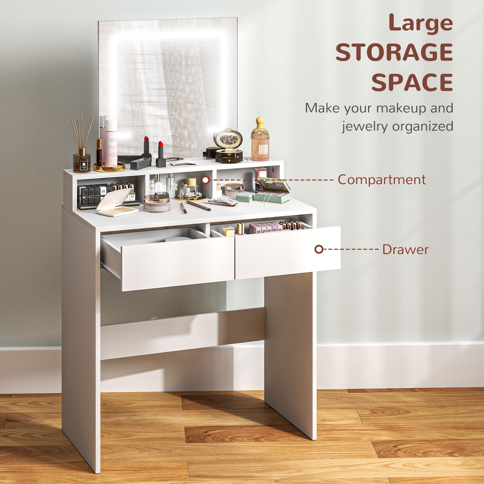 homcom storage dressing table with led light mirror white