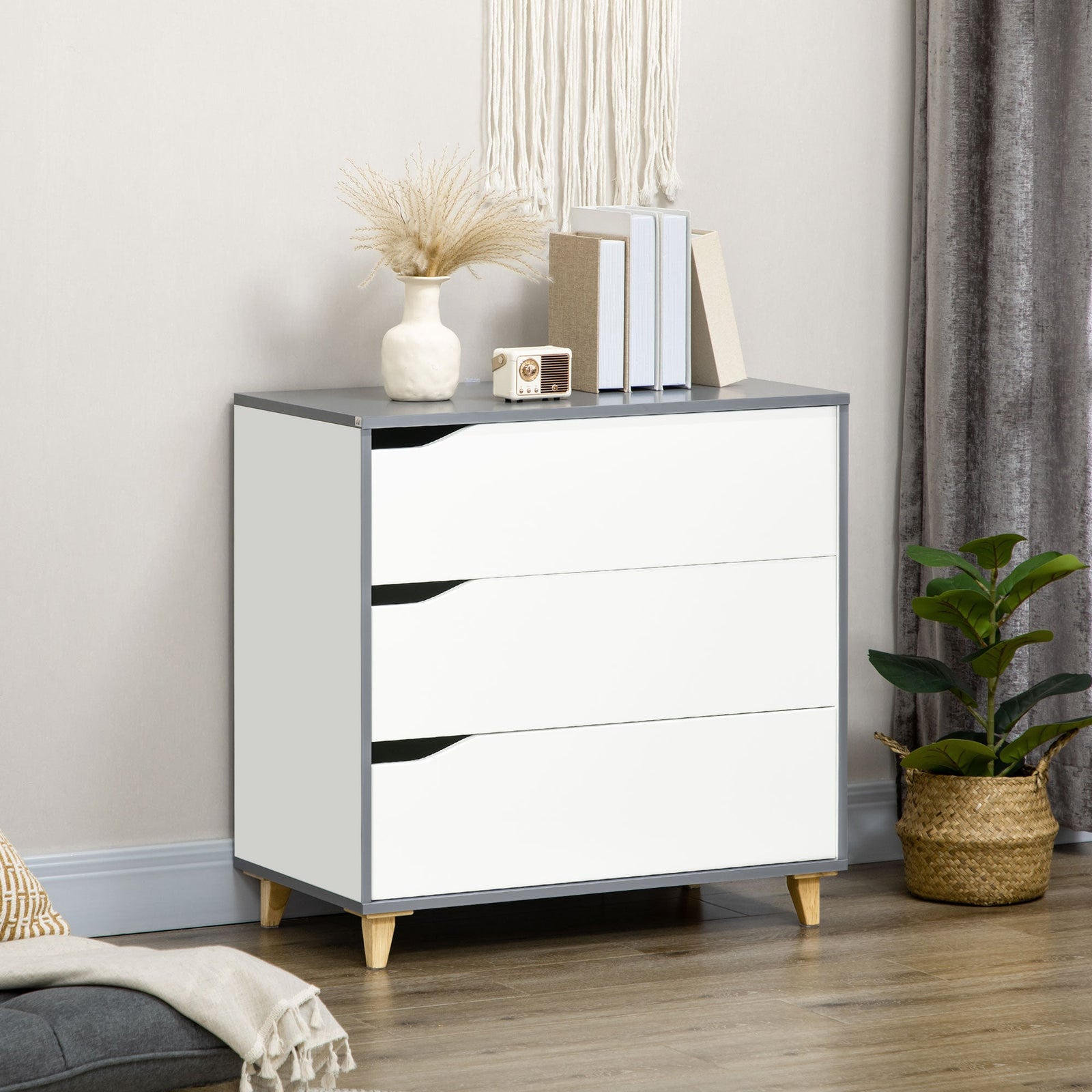 homcom bedroom furniture set wardrobe with hanging rail 3 drawer chest of drawers with cut out handles grey and white