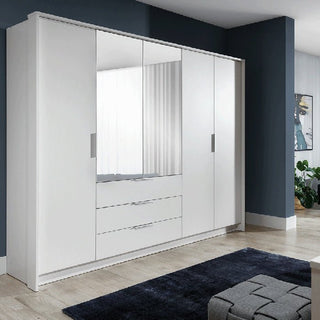 LUCARI 5-door white mirrored wardrobe with 3 drawers