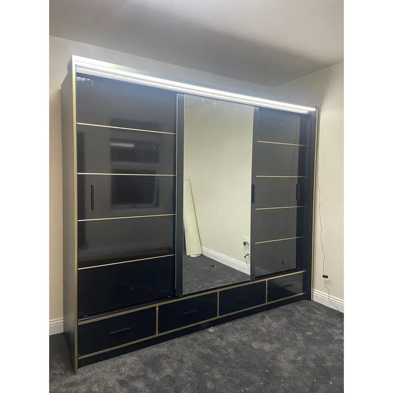 CHOICEWARDROBE 253cm black gloss 3-door sliding wardrobe with drawers