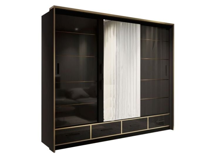 CHOICEWARDROBE Luxembourg 253cm 3-door sliding wardrobe, black gloss with marble centre panel and gold trim.