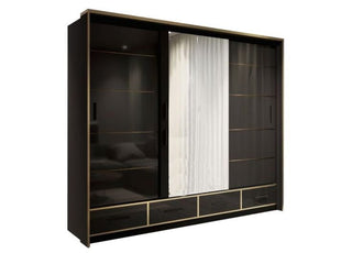 CHOICEWARDROBE Luxembourg 253cm Sliding Door Wardrobe – Black Gloss Finish, 3 Door, Marble Center Panel With Gold Trim