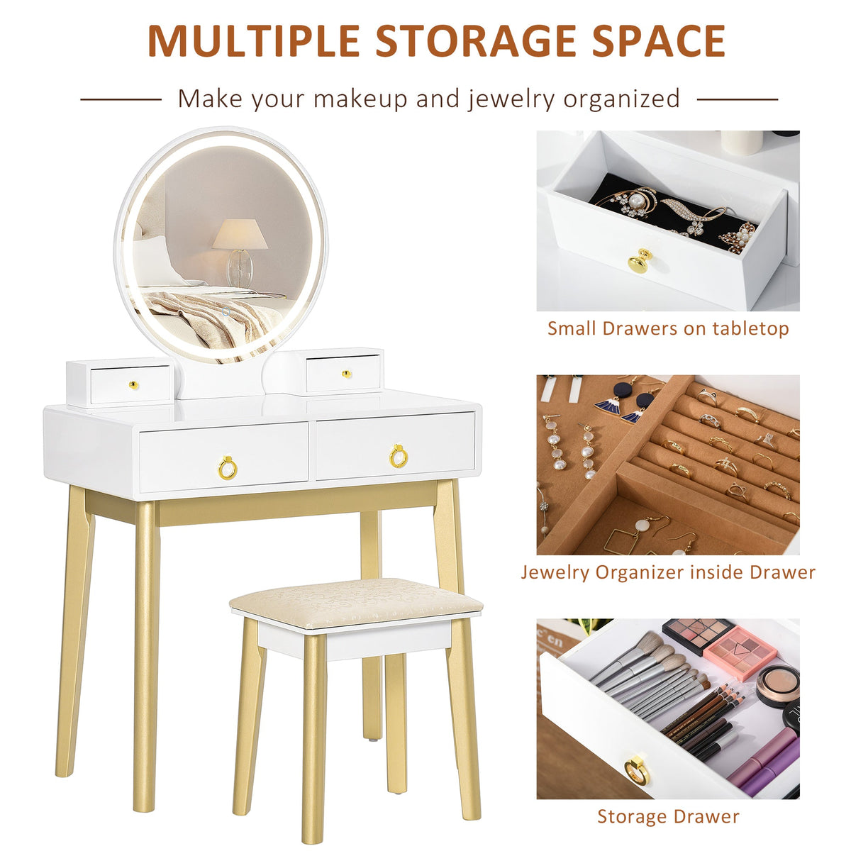 homcom dressing table set with mirror built in 3 color led light vanity makeup table with 4 drawers and cushioned stool for bedroom white
