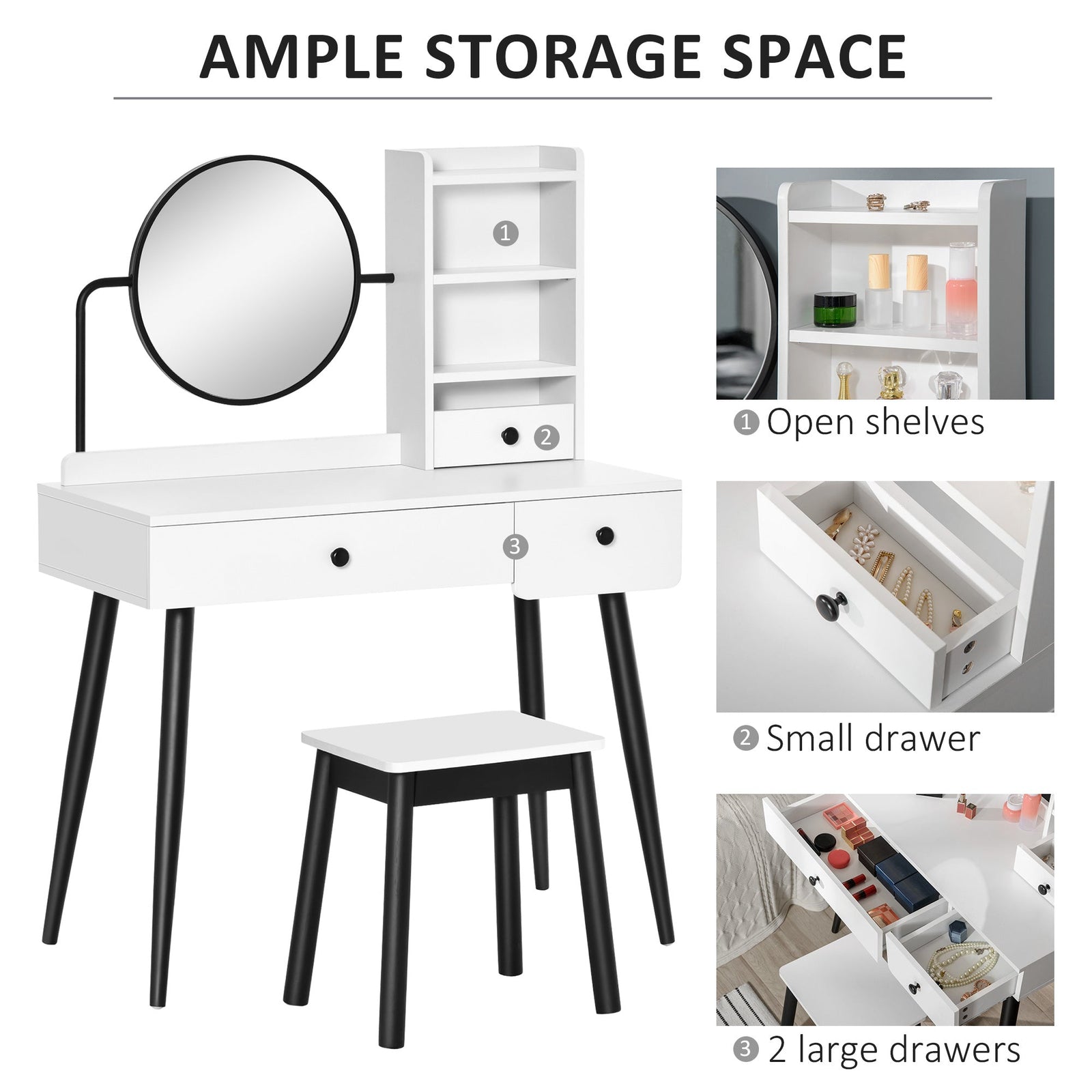 homcom dressing table set with mirror and stool vanity makeup table with 3 drawers and open shelves for bedroom living room white