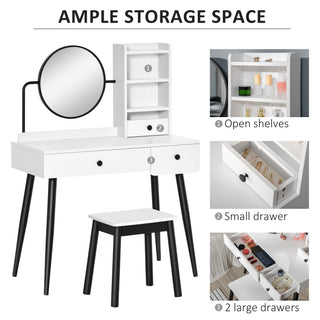 homcom dressing table set with mirror and stool vanity makeup table with 3 drawers and open shelves for bedroom living room white