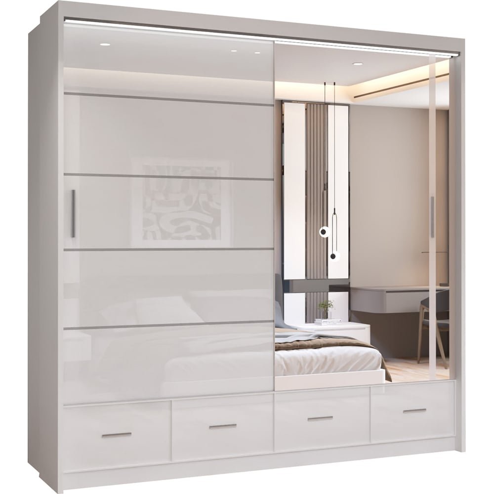 CHOICEWARDROBE SYCYLIA 2-door white high gloss sliding wardrobe with mirrored door and 4 drawers.