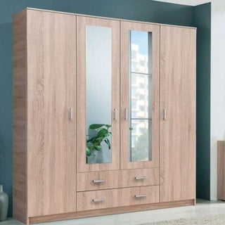 Sonoma Oak effect 4 door wardrobe with mirrored panels and two drawers