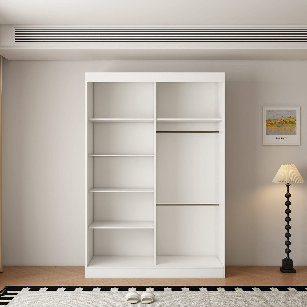 White 150cm sliding wardrobe with a mirrored door, showing shelves and a hanging rail inside.
