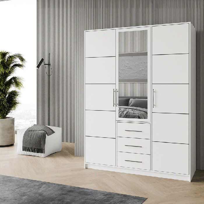 BARNSLEY 3-door white wardrobe with central mirrored door and 3 drawers