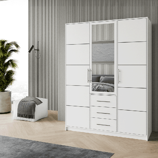 BARNSLEY 3-door white wardrobe with central mirrored door and 3 drawers