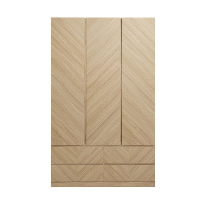 CHARLESTON 3-door wardrobe with drawers in Euro Oak, featuring a herringbone wood-grain design.