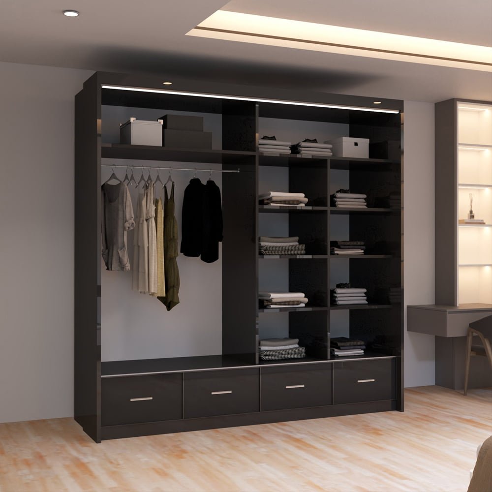 CHOICEWARDROBE Sycylia 203cm black high gloss sliding wardrobe with mirrored panel and visible drawers