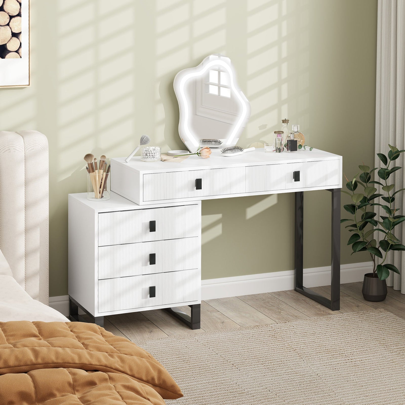 homcom dressing table vanity desk with leaf shape mirror makeup table with 5 drawers 3 colour led lights 100x40cm tabletop white