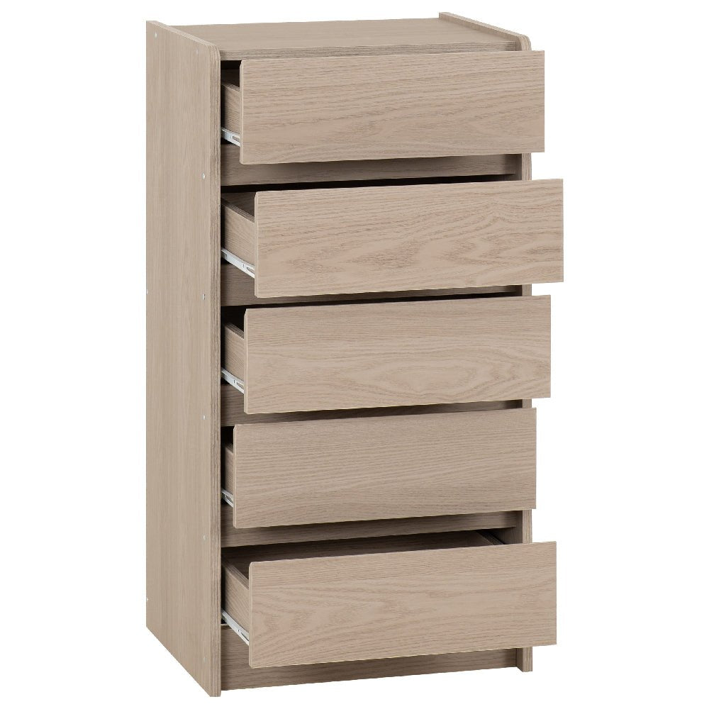 Smoked Ash wooden chest of 5 drawers with a modern, handleless design