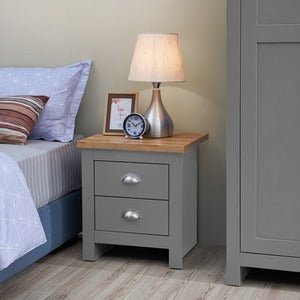 CHOICEWARDROBE Lisbon Grey bedside table with oak-effect top and two drawers.