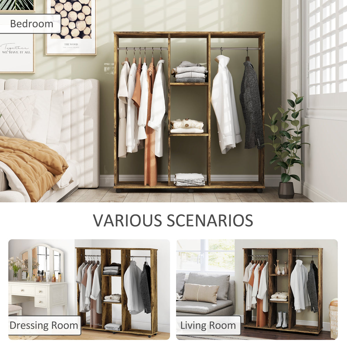 homcom open wardrobe double mobile storage shelves organizer w 6 wheels rustic brown