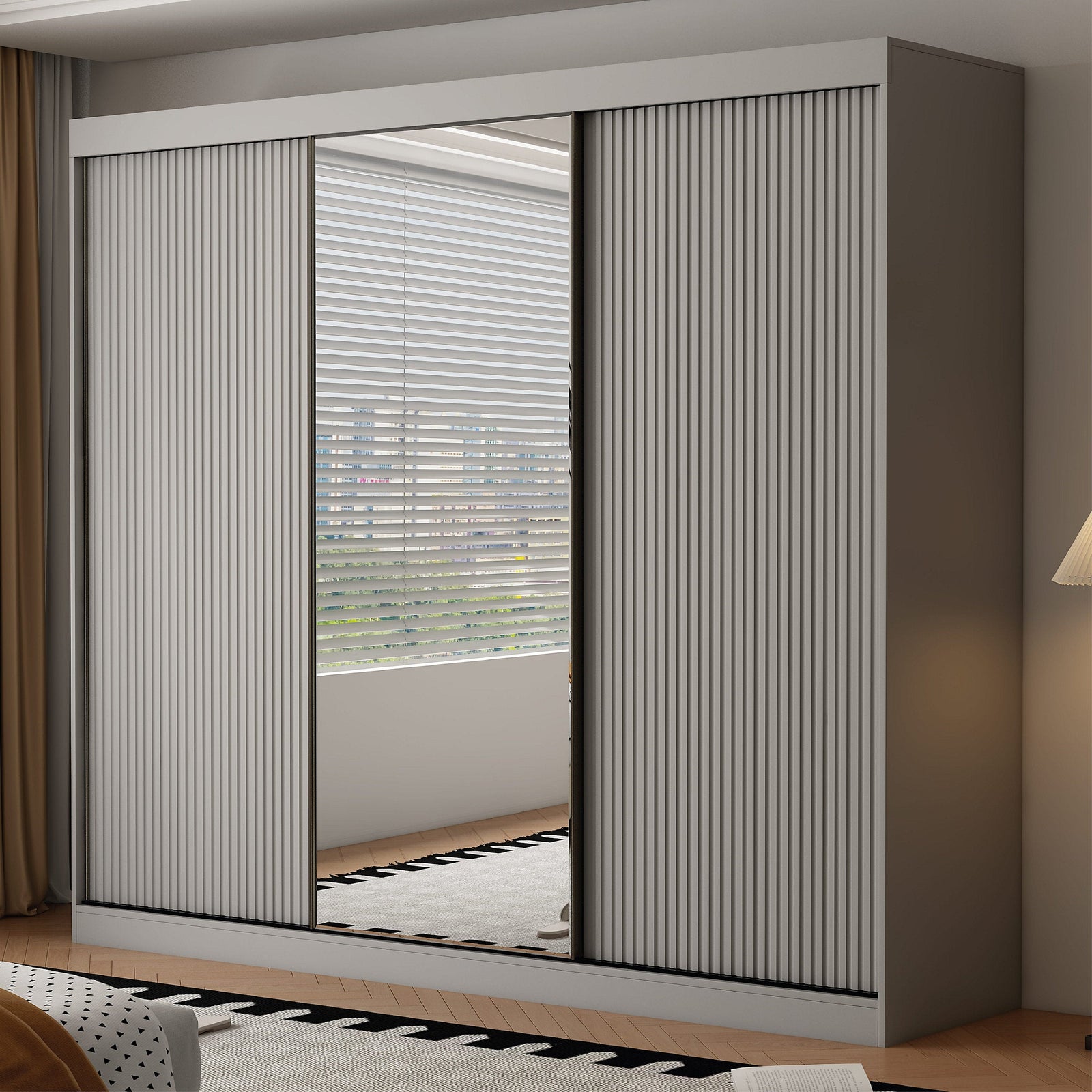 CHOICEWARDROBE BERLIN 250cm light grey 3 door sliding wardrobe with mirror and fluted panels