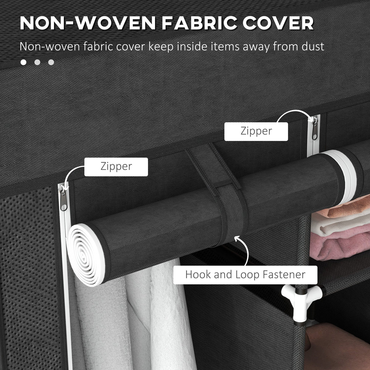 homcom foldable fabric wardrobe for bedroom portable wardrobe with 5 shelves 2 hanging rails and 3 fabric drawers black