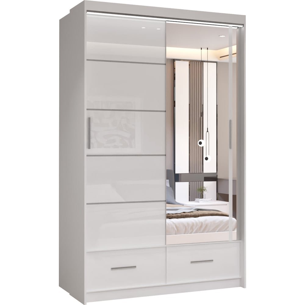 CHOICEWARDROBE 150cm white high gloss sliding wardrobe with one mirror door and two drawers.