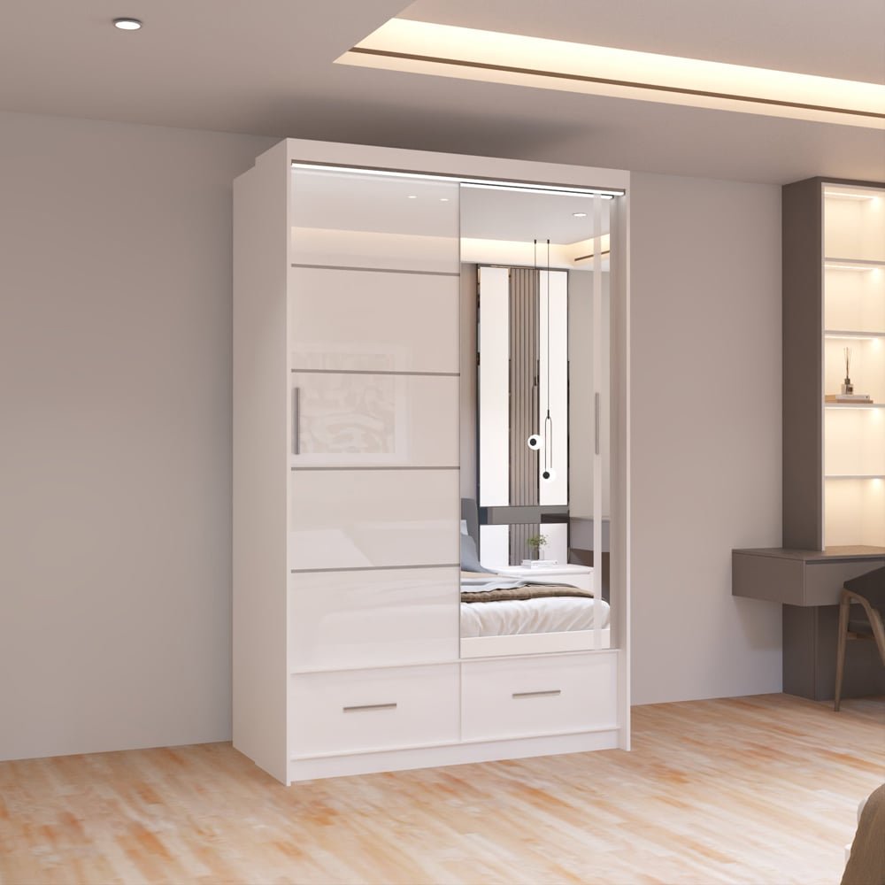 CHOICEWARDROBE 150cm white high gloss sliding wardrobe with 1 mirror door and 2 drawers