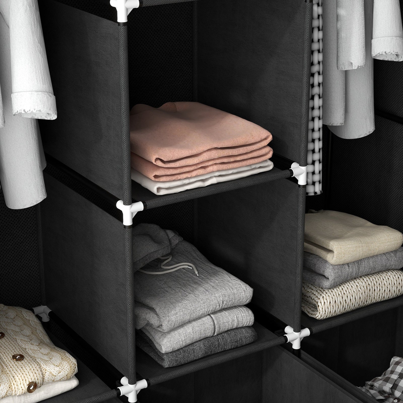 homcom foldable fabric wardrobe for bedroom portable wardrobe with 5 shelves 2 hanging rails and 3 fabric drawers black
