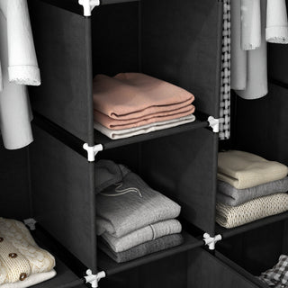 homcom foldable fabric wardrobe for bedroom portable wardrobe with 5 shelves 2 hanging rails and 3 fabric drawers black