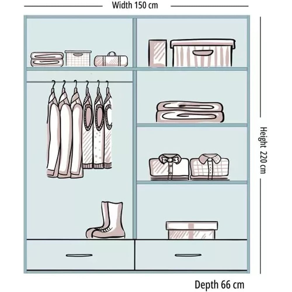 CHOICEWARDROBE 150cm sliding wardrobe with two doors, central mirror, and two drawers shown open.