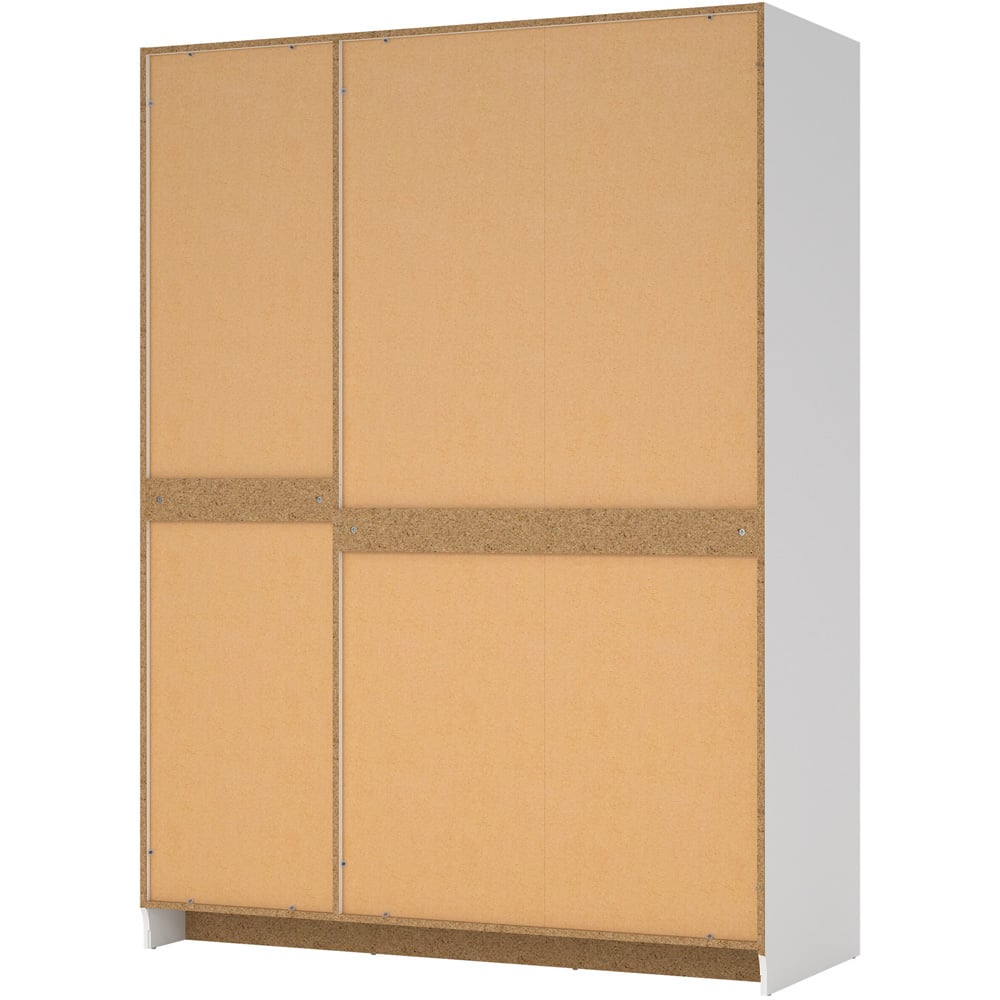 Florence Brande 3 Door White Wardrobe rear view showing unfinished back panels and construction.