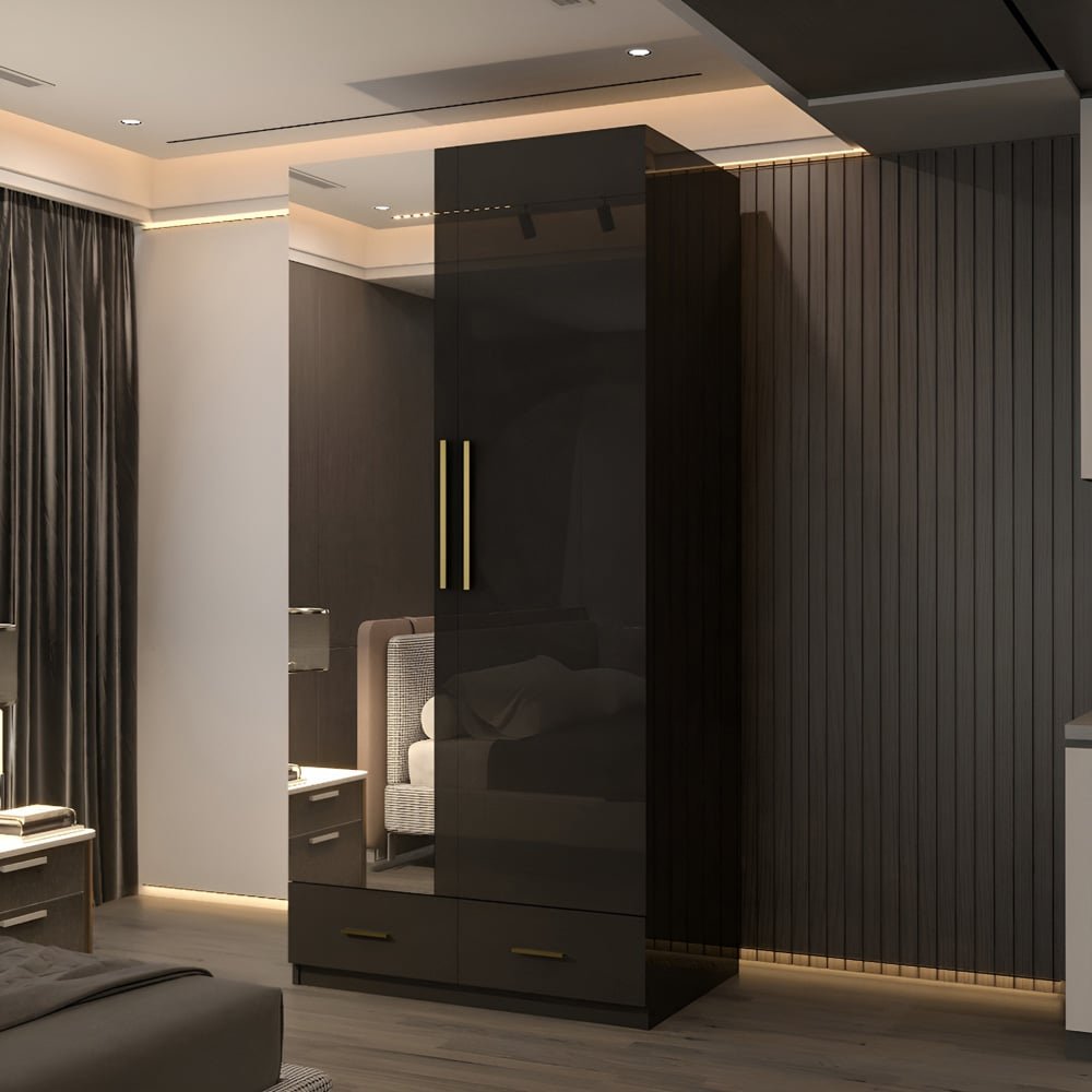 XD4 Black High Gloss 2 Door 2 Drawer Mirrored Wardrobe with gold handles