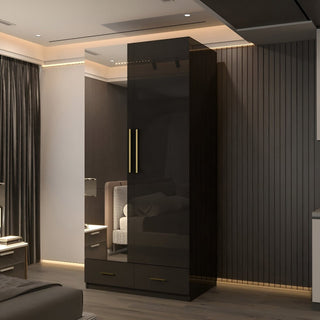 XD4 Black High Gloss 2 Door 2 Drawer Gold Handle Mirrored Wardrobe 90cm