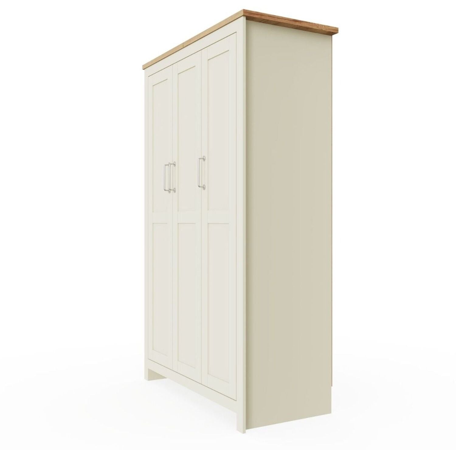 112cm cream 3-door wardrobe with oak effect top and silver handles - Lisbon