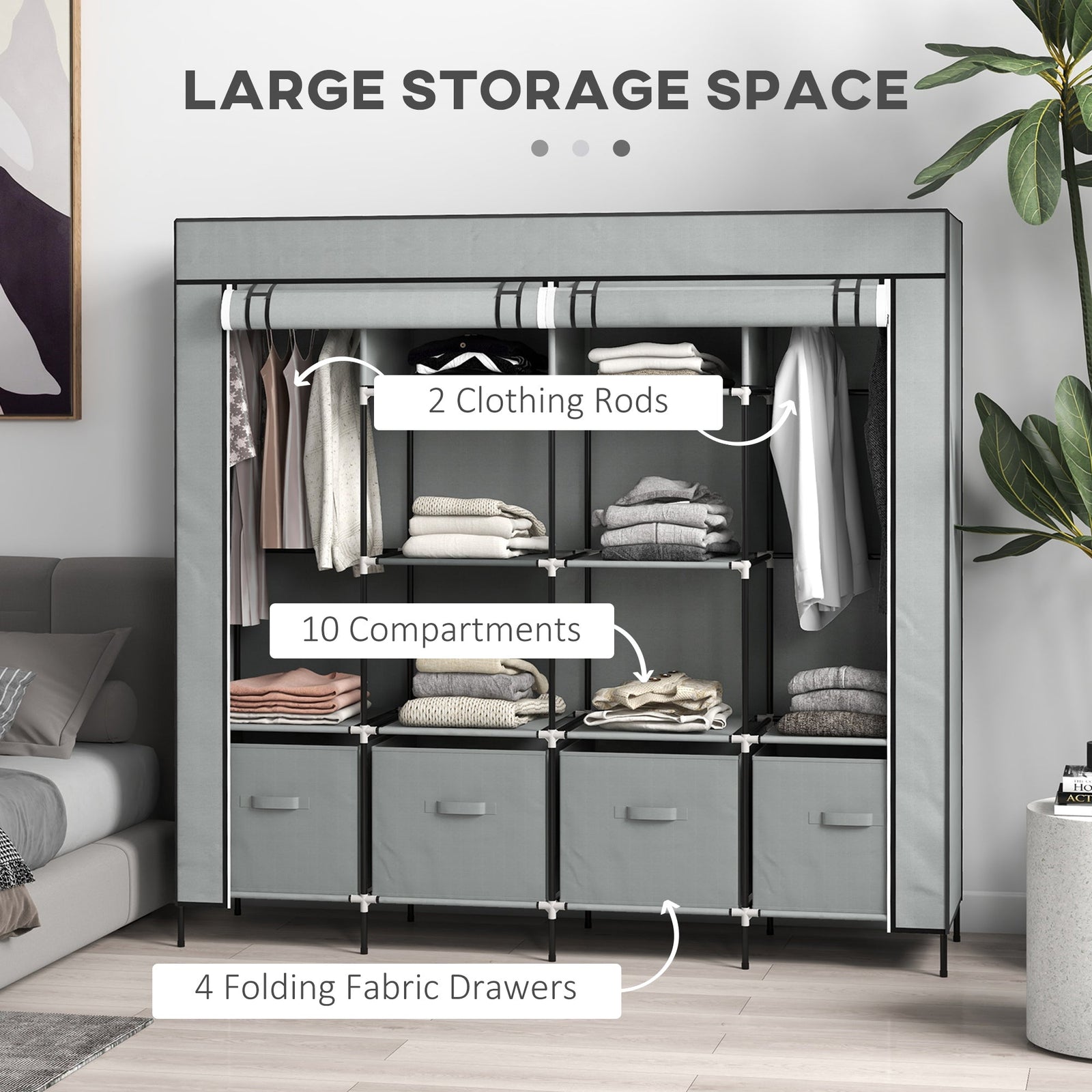 homcom fabric wardrobe for bedroom portable cloth wardrobe with 10 compartments 2 hanging rails and 4 fabric drawers 166 x 42 5 x 169 5cm dark grey