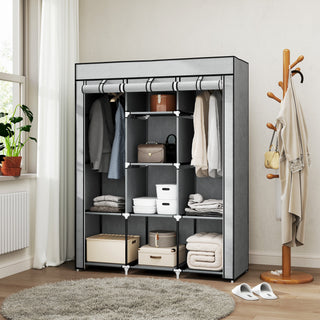 homcom fabric wardrobe with rails and shelves light grey
