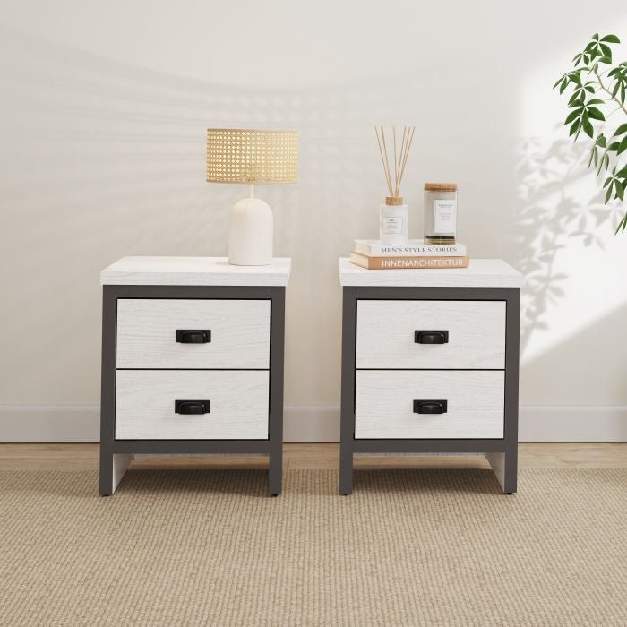 Two white Belona 2 drawer bedside tables with grey frames and black handles