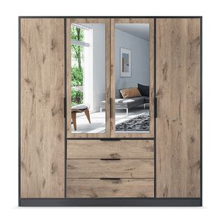 BELLVYN 4-door wardrobe in Oak effect with 2 mirrored doors and 3 drawers