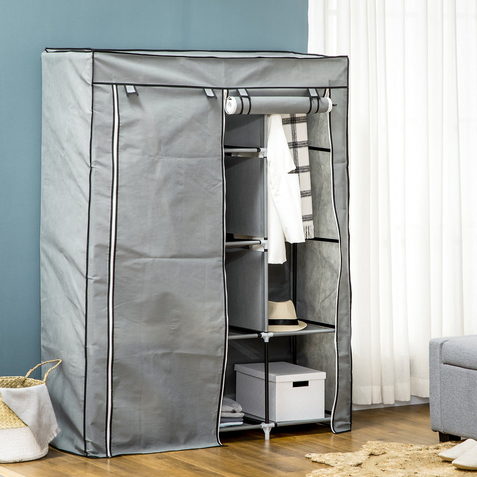 homcom fabric wardrobe with rails and shelves light grey