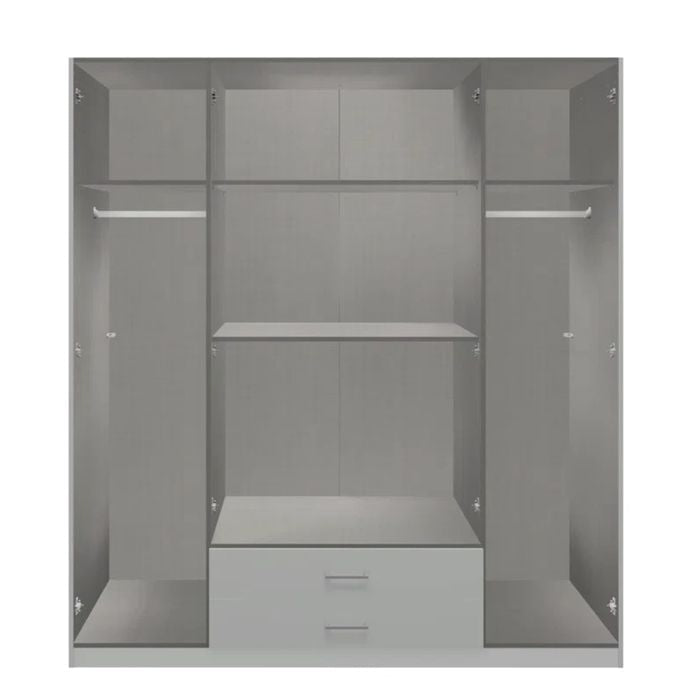 NOMASA 4 door grey wardrobe interior with two hanging rails, multiple shelves, and two central drawers.