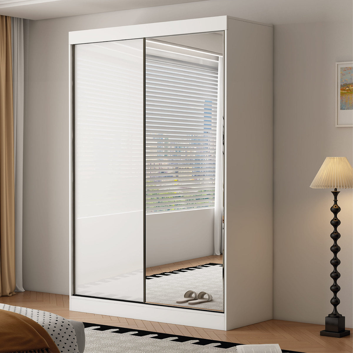 CHOICEWARDROBE PACIFIC 150cm 2 door sliding wardrobe in white with one mirrored door.