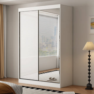 CHOICEWARDROBE PACIFIC 150cm 2 door sliding wardrobe in white with one mirrored door.