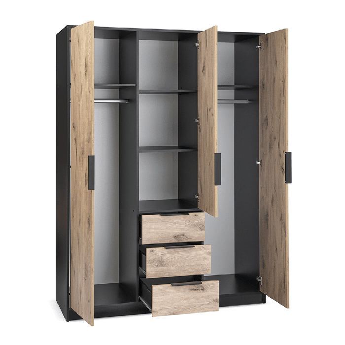 BELLVYN 3 door black wardrobe with oak effect drawer fronts and handles