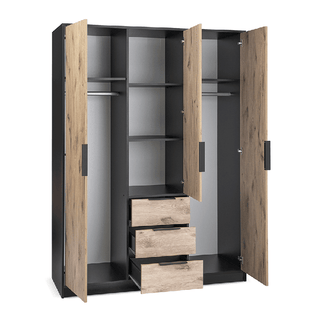 BELLVYN 3 door black wardrobe with oak effect drawer fronts and handles