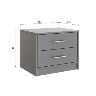 Grey 2 drawer bedside table with silver handles, 53.5cm wide